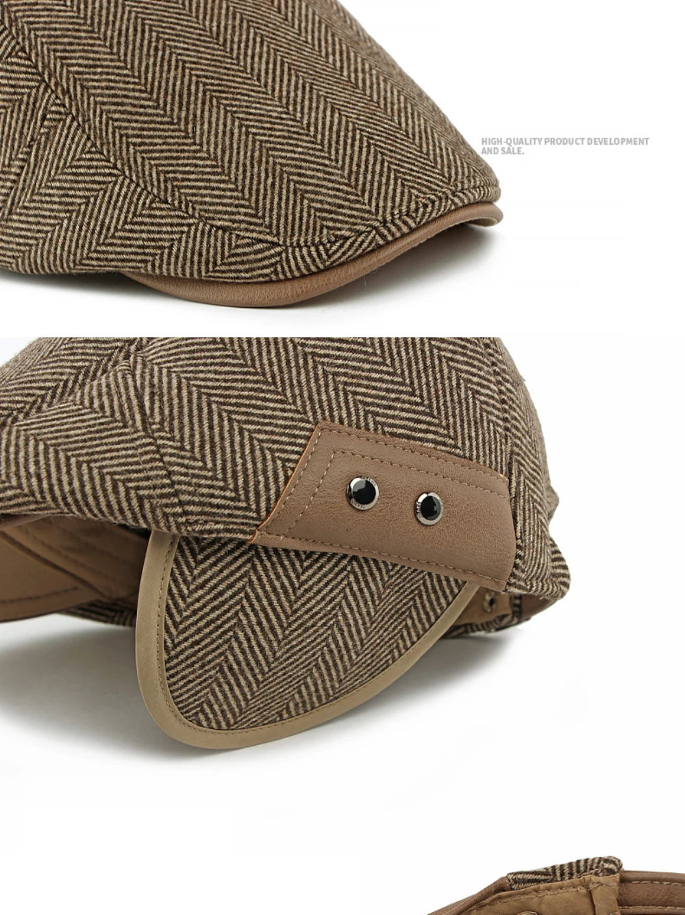 HT5025 Beret Cap Striped Beret Hats with Ear Flaps Male Female Adjustable Ivy Flat Cap Fleece Lined Winter Hat Women Mens Berets