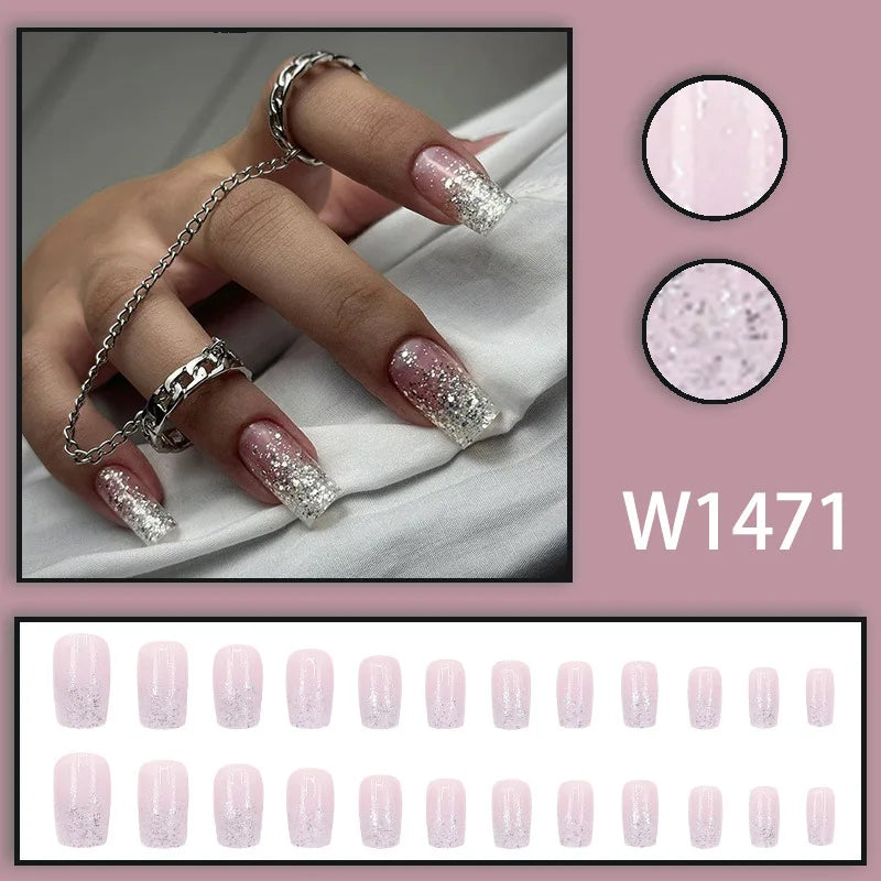 Mandarin Duck 24 Pcs Press on Nails Pink Gradient Fake Nails Glossy Artificial Finger Manicure Reusable False Nails