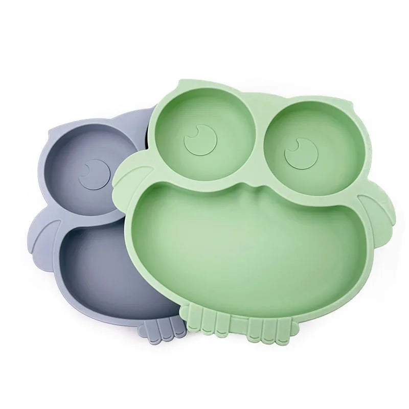 BPA Free Cute Owl Children Dishes Suction Plates Silicone Baby Dining Plate for Toddlers Baby Training Feeding Sucker Bowl