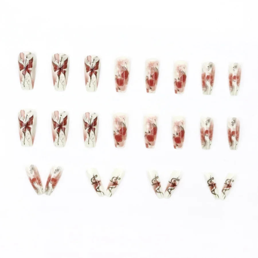 Watercolor Rose Fake Nail with Jelly sticker Press on False Nails Wearable Round Head Oval Full Cover Nail Tips