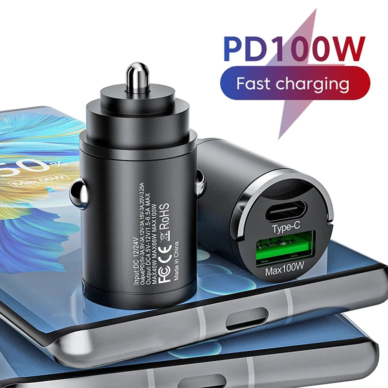 Mini 100W PD QC3.0 Car Charger Pull Ring Fast Charging For iPhone 15 14 USBC Car Phone Charger Adapter For Xiaomi Samsung Huawei