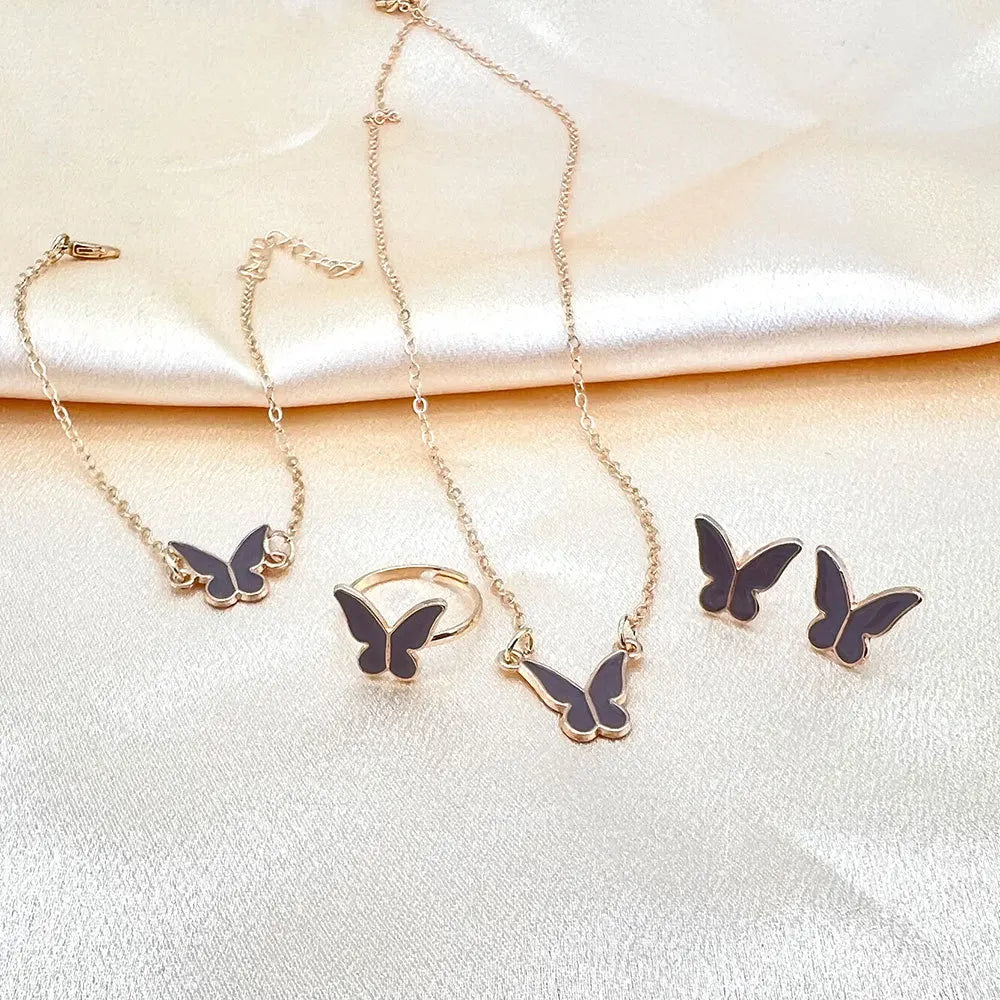 White Butterfly Drop Glazed Necklace Exquisite Simple Fashion Collarbone Chain Temperament Necklace Earrings Rings Jewelry Sets