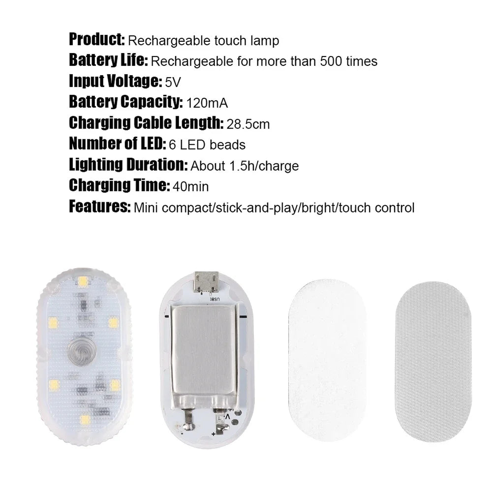 Car Interior LED Night Lighting Under Cabinet Light Touch Sensor Reading Lamp LED Book Lights USB Rechargeable Car Door Light
