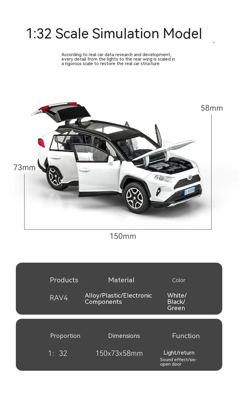 1:32 Diecast RAV4 Car Model - Lights, Sound, Steering! Perfect Kids' Birthday Gift.Off-Road Tundra Truck Toys Ideal for Kids