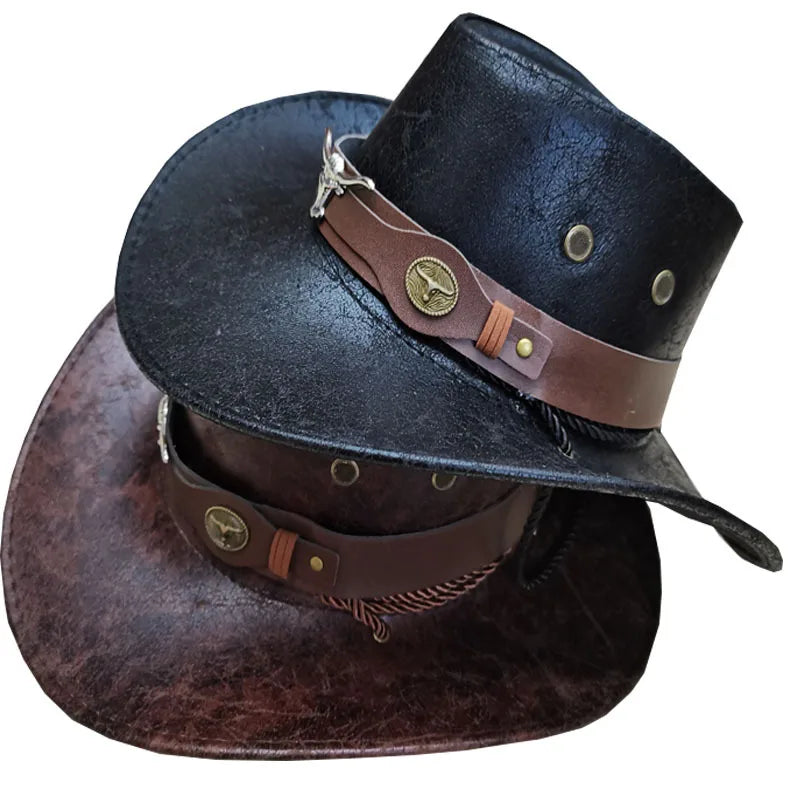 Faux Leather Western Cowboy Hats For Women Men Vintage Gentleman Dress Hats Panama Cowgirl Jazz Cap Sombrero Hombre