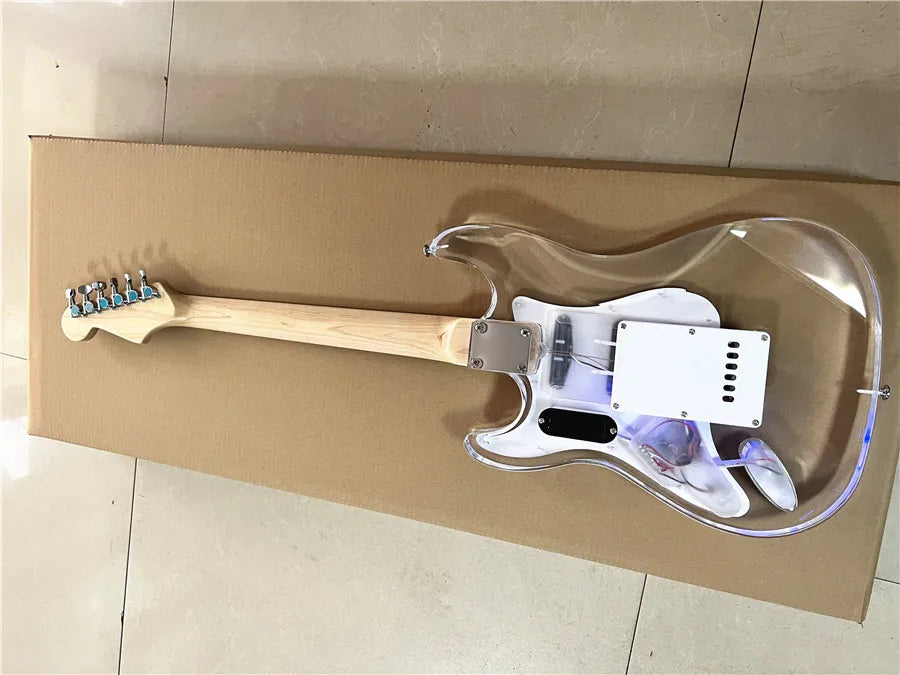 High quality classic acrylic clear Plexiglas crystal 6-string electric guitar with colored lights maple neck Free shipping