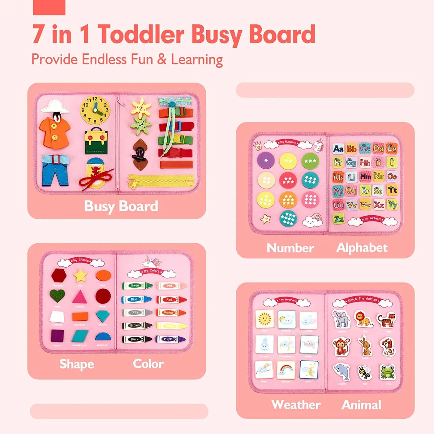 Toddlers Travel Busy Board for Boys Girls Montessori Toys for 2+ Year Old Preschool Learning Life Skill, Alphabet, Number, Shape