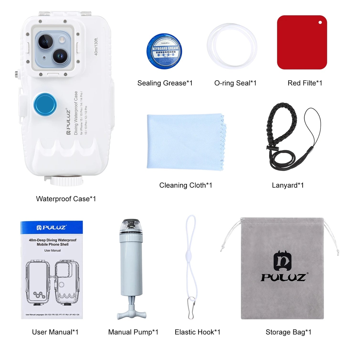 PULUZ 40m/130ft Waterproof Diving Case for iPhone 15 14 13 12 11 Pro Max Plus with One-way Valve Underwater Video Housing Cover