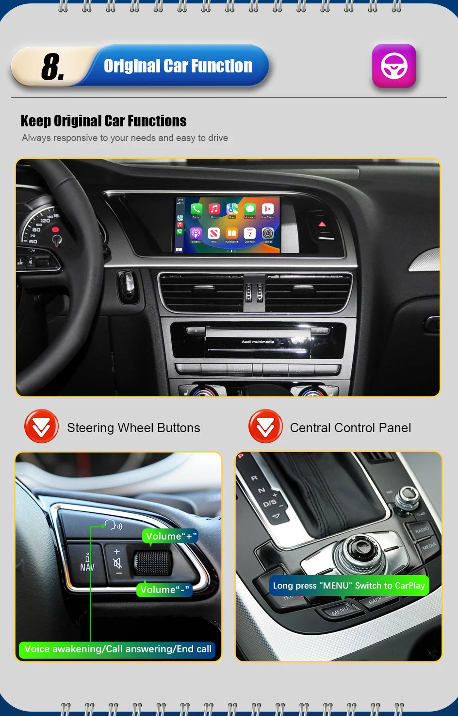 Wireless CarPlay Android Auto MMI Interface for Audi A4 B8 A5 Q5 2008-2016 with AirPlay Mirror Link Functions Reverse Camera