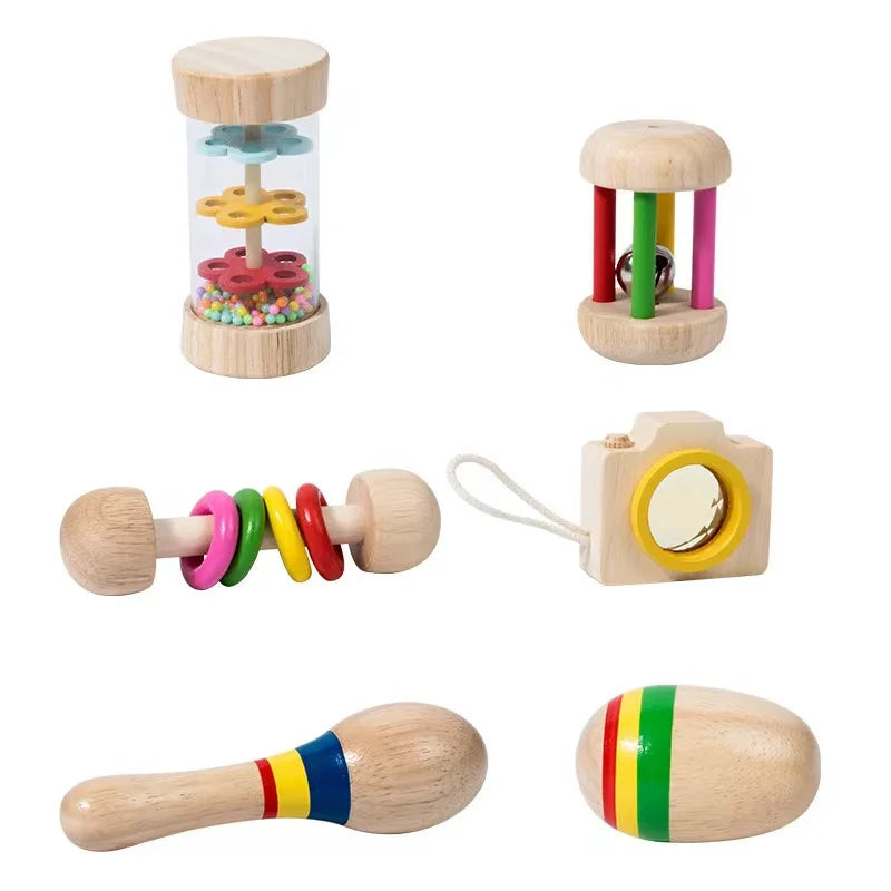 Wholesale Wooden Kids Rattle Six in One Rotating Musical Instruments High Quality Baby Toy with Rain Sound