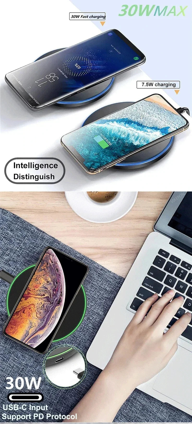 30W Wireless Charger Pad Stand Mobile Phone Chargers Fast Charging Dock Station For iPhone 15 14 13 12 11 Pro Max Samsung Xiaomi