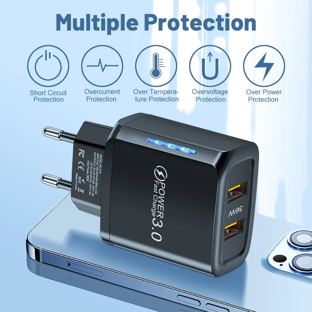 36W USB Mobile Phone Charger Quick Charge 3.0 Fast Charging Adapter For iPhone 16 15 pro Max Xiaomi 14 Samsung Huawei Chargers