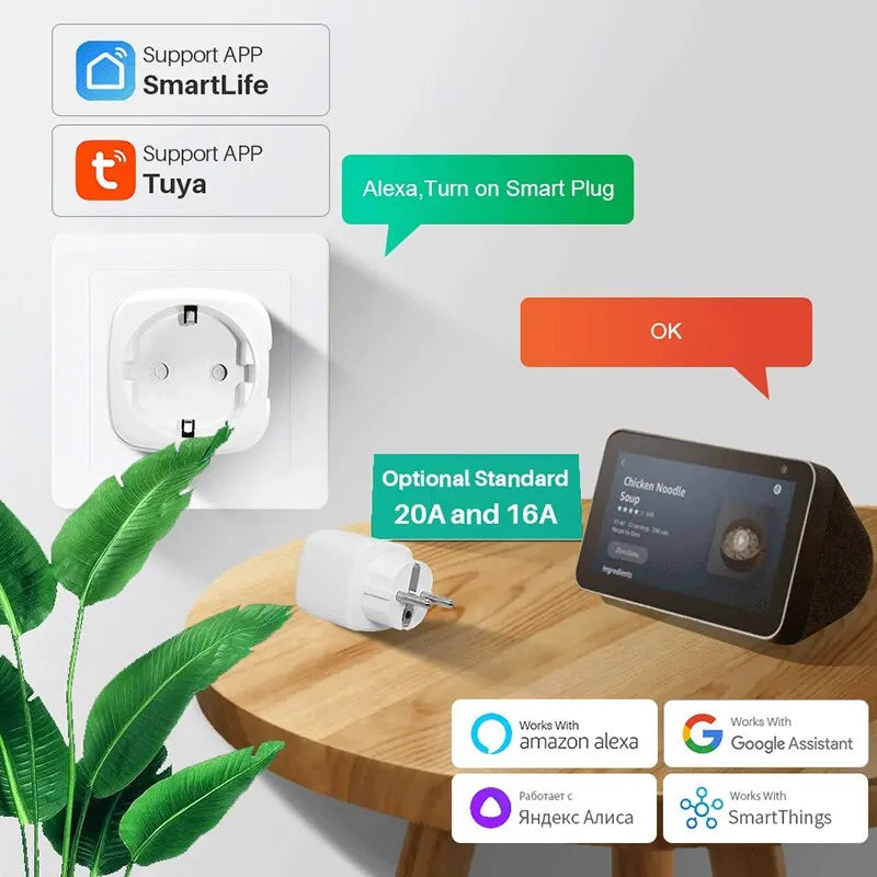 20A Wifi Smart Plug EU Socket With Power Monitoring Timing Function Voice Control Support Alexa Google Home Assistant Tuya App