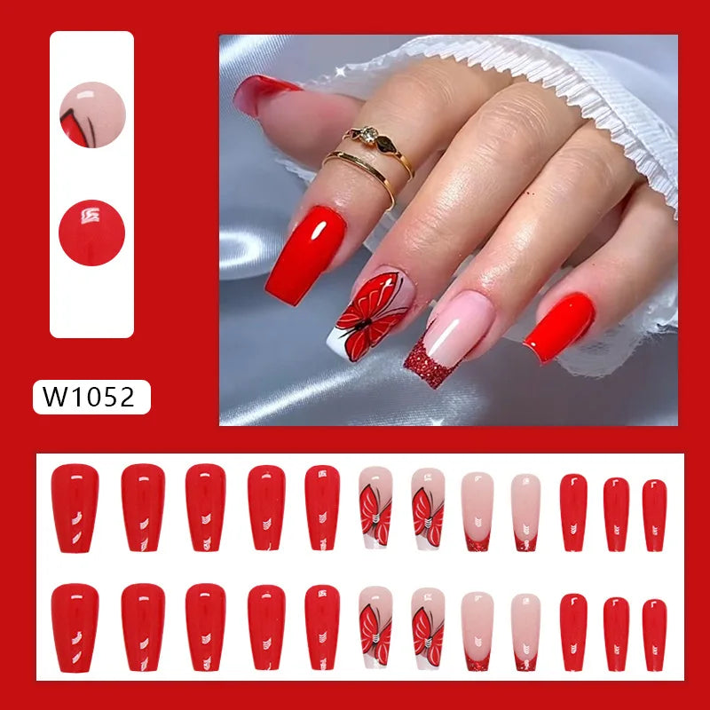 Mandarin Duck 24 Pcs Press on Nails Pink Gradient Fake Nails Glossy Artificial Finger Manicure Reusable False Nails