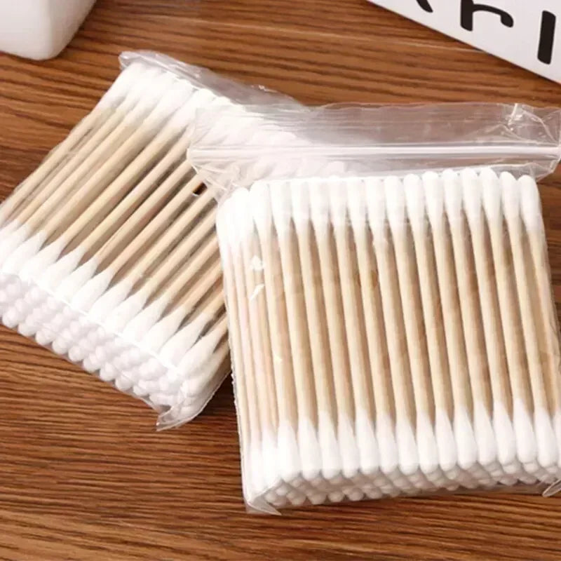 100/300/500 Pcs Cotton Swabs with Wooden Sticks, Bamboo Cotton Swabs Double Round Tips, Biodegradable Cotton Buds