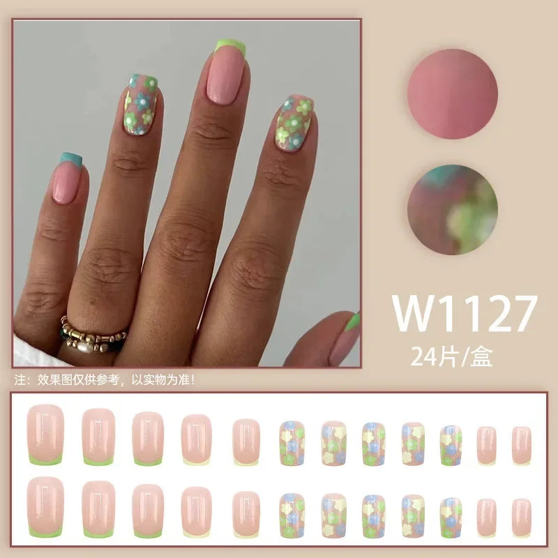 Black Ink Style Fake Nail with Jelly sticker Press on False Nails Wearable Round Head Oval Full Cover Nail Tips