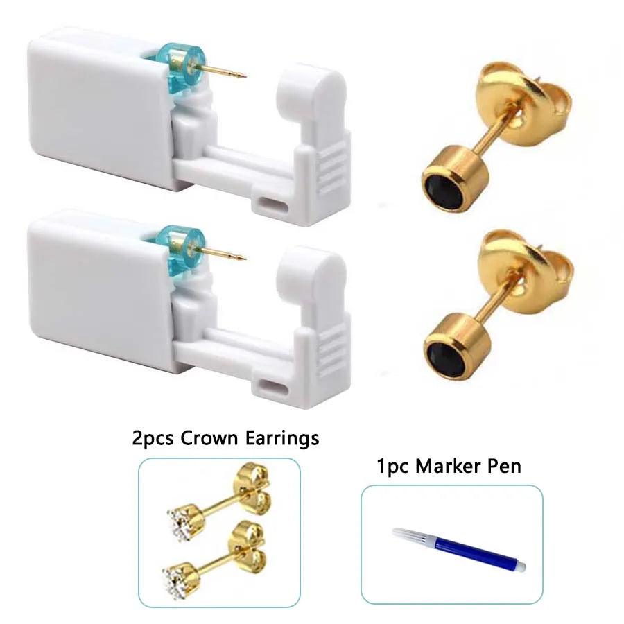 2PCS Disposable Ear Piercing Gun with Built-in Ear Studs & 2pcs Cubic Zirconia Earrings-For Home Use Ear Piercing Kit