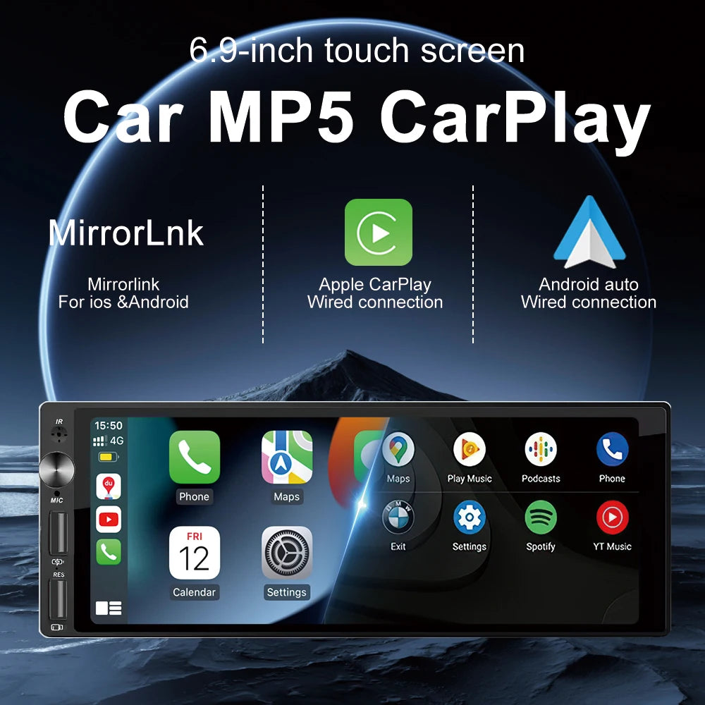 IPS 6.9 Inch 1Din Carplay Android Auto Car Radio Multimedia Video MP5 Player 1 Din No DVD with Bluetooth Stereo USB Charging