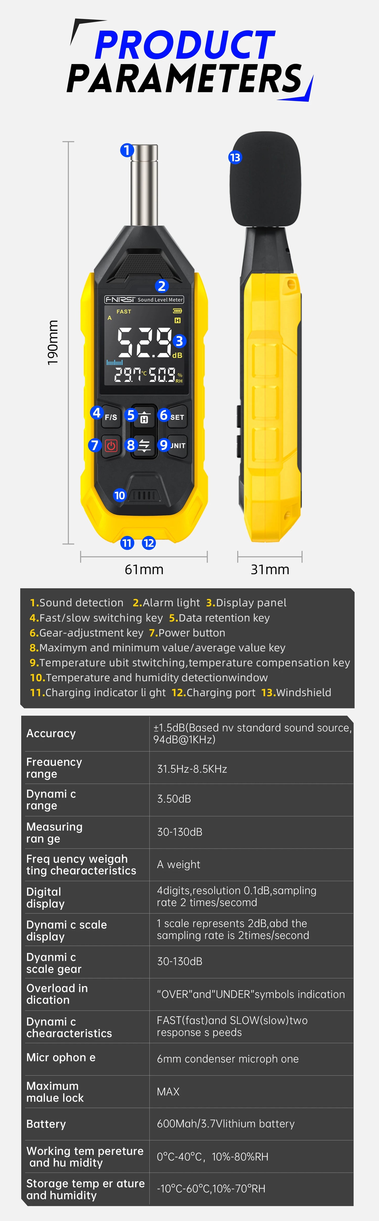 FNIRSI FDM01 Noise Measuring Instrument Sound Level Meter Digital Handheld DB Meter 30~130dB Audio Measuring Instrument