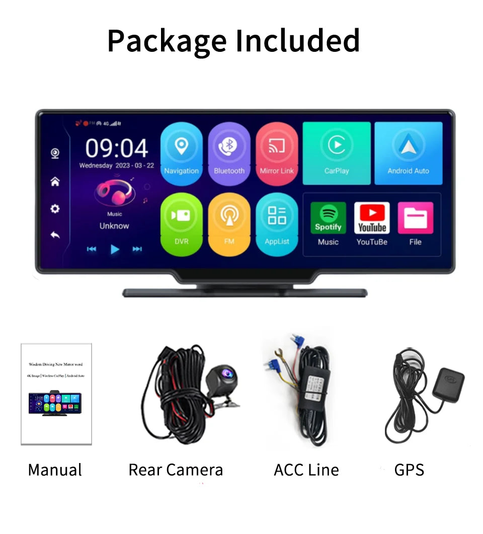 10.26 Inch WIFI Dash Cam Android 13  4+64G 8 Core  WiFi GPS Navigation Car DVR ADAS APP  FM BT Carpaly & Android Auto