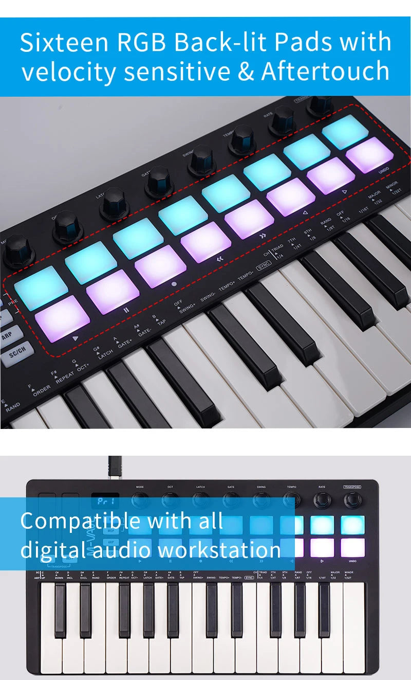 M-VAVE SMK-Ⅱ 25 Key MIDI Keyboard Controller With 16 RGB Drum Pads, Bluetooth Semi Weighted Professional dynamic keybed