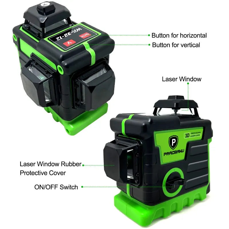 Pracmanu Laser Level 12 Lines 3D Level Self-Leveling Horizontal and Vertical Cross Super Powerful Green Laser Beam