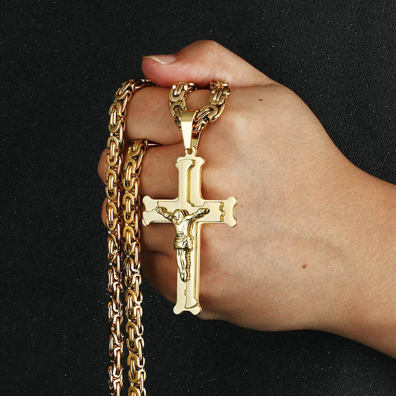 Stainless Steel Crucifix Jesus Byzantine Link Chain Necklace Fish Bone Pattern Cross Pendant Necklace Catholic Jewelry Men Gift