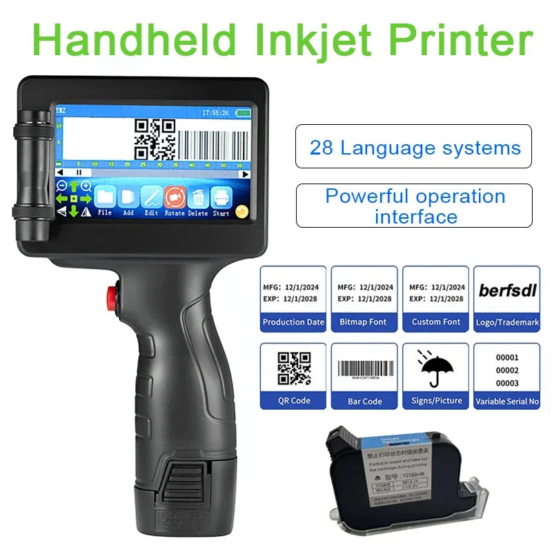 Portable Handheld Inkjet Printer 12.7mm Label QR Bar Batch Code Date Number Logo Expiry Date Coding Machine 28 Languages