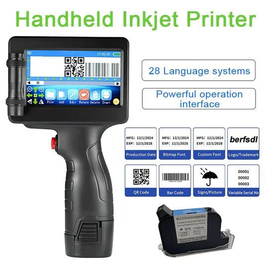 Portable Handheld Inkjet Printer 12.7mm Label QR Bar Batch Code Date Number Logo Expiry Date Coding Machine 28 Languages
