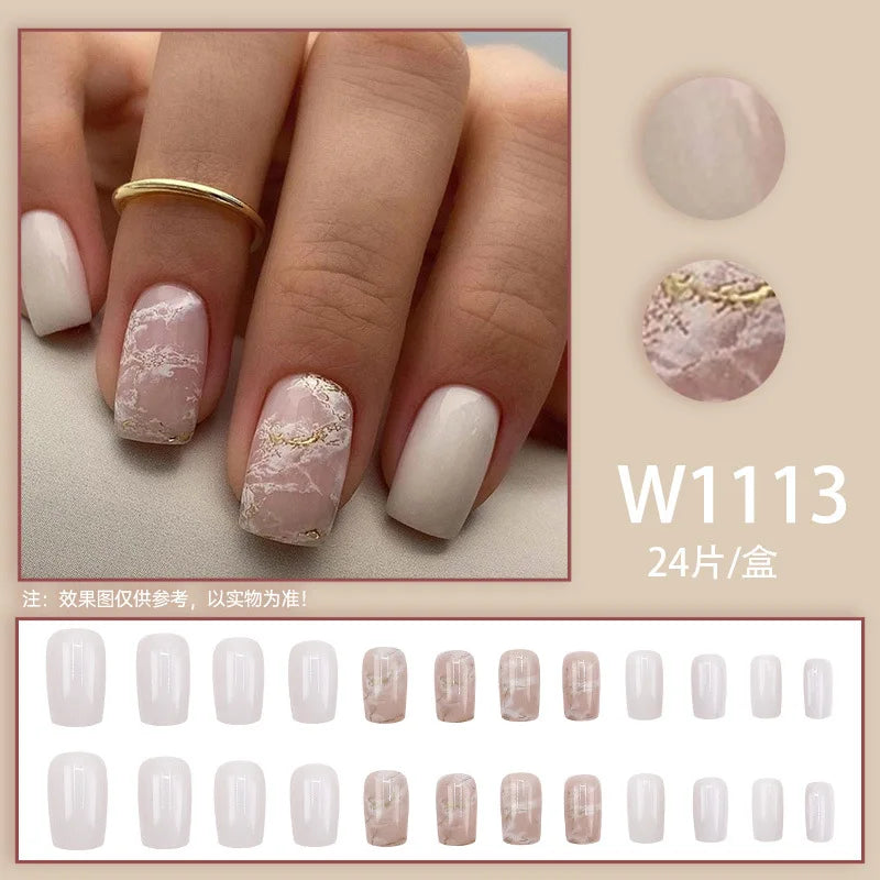 Mandarin Duck 24 Pcs Press on Nails Pink Gradient Fake Nails Glossy Artificial Finger Manicure Reusable False Nails