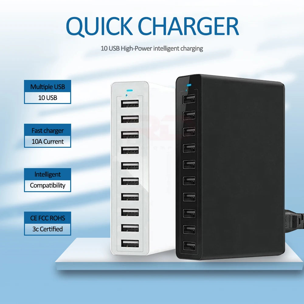 60/65W USB Charger Station 10 Port Desktop USB Fast Charger for Smart USB Charger for Multiple Devices Smart Phone Tablet Laptop