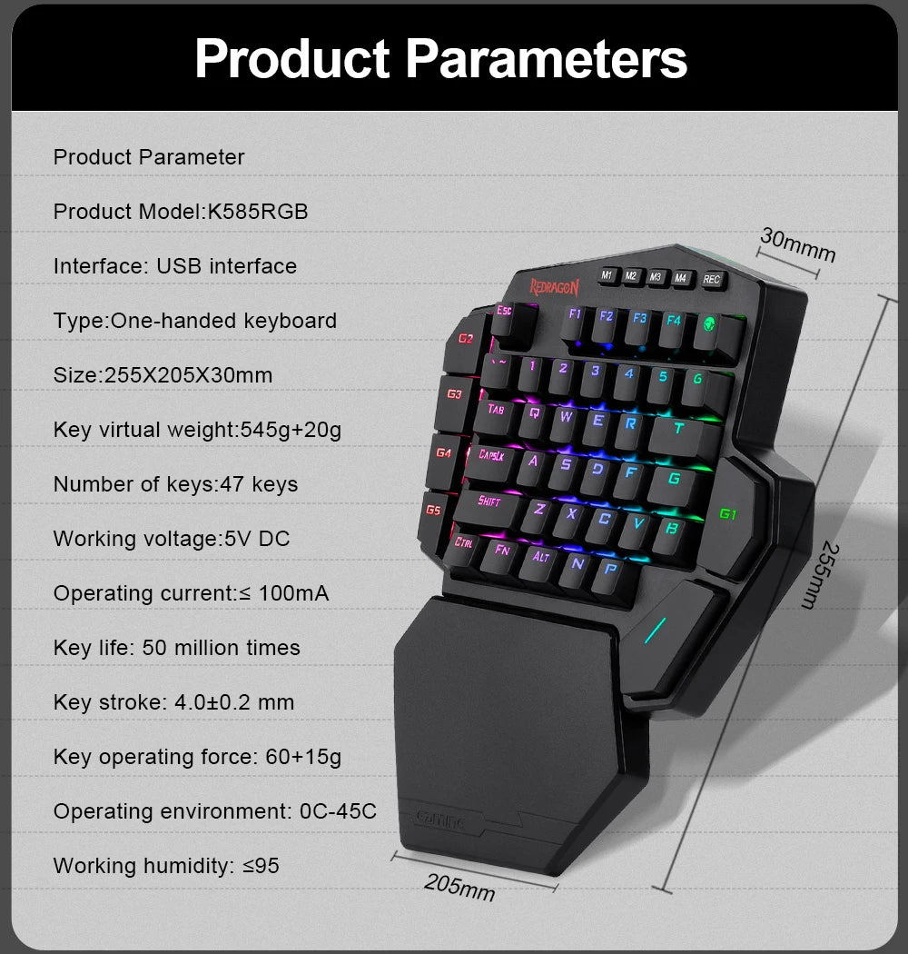 REDRAGON DITI K585 RGB 42 Key One-handed USB Mechanical Gaming Wired Keyboard Blue Switch 42 Keys Gamer for Computer PC Laptop