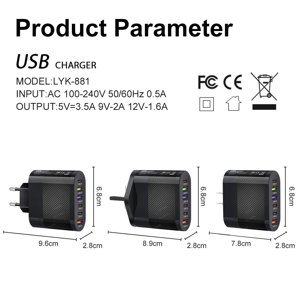 3.1A 3USB 3PD Charger QC3.0 Fast Charging Mobile Phone Charge Adapter For Samsung S23 Xiaomi oneplus EU/US/UK Plug Quick Charger