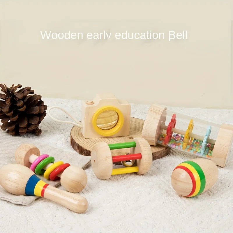 Wholesale Wooden Kids Rattle Six in One Rotating Musical Instruments High Quality Baby Toy with Rain Sound