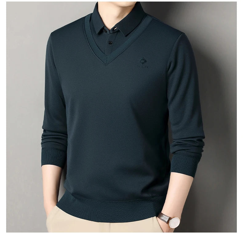 Men's Winter Sweater Velvet Pullover Solid Color Slim Fit Elegant Luxury Brand Knitwear Fake Two Pieces Knitted Sweaters