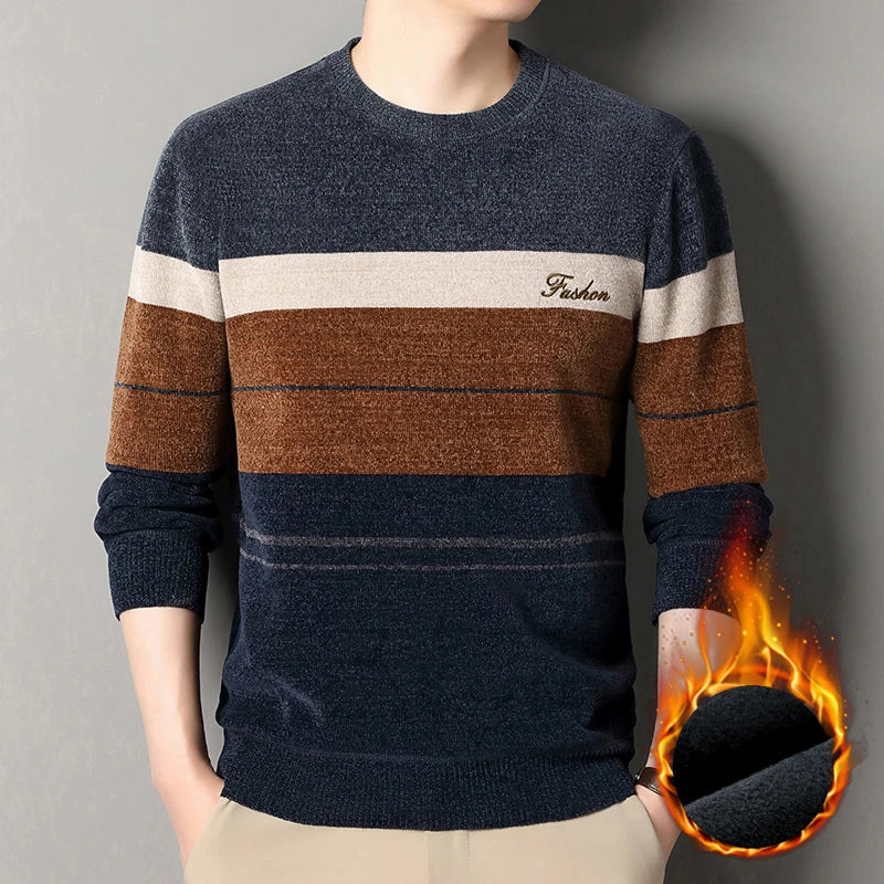 High Quality Men's Sweaters Fashion Knitting Pullover Striped Men's Autumn Winter Tops Round Neck Jerseys Fleece Bottom Shirts