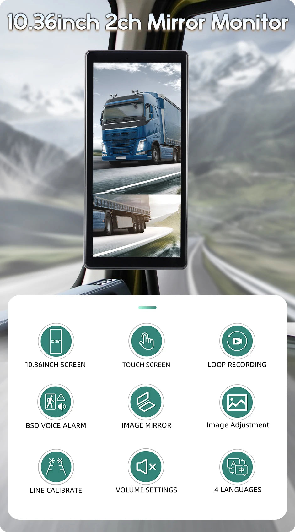 GreenYi BSD Radar Alarm Car DVR Video Recording 2 Channel AHD Side View Camera with Truck Buses 10.36 Inch Rear Mirror Monitor