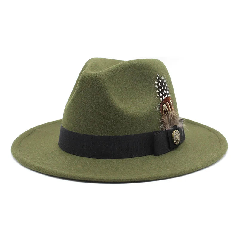 White Woolen Gentleman Classic British Jazz Feather Top Hat Wide Brim Party Church Wedding Fedora Hats Men Women Panama Felt Cap
