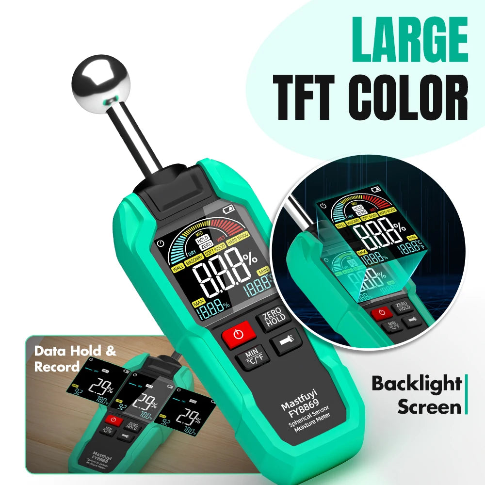 MASTFUYI Professional Moisture Meter, 40mm Non-Destructive Depth with Spherical Sensor & TFT Display for Wood Concrete Brick