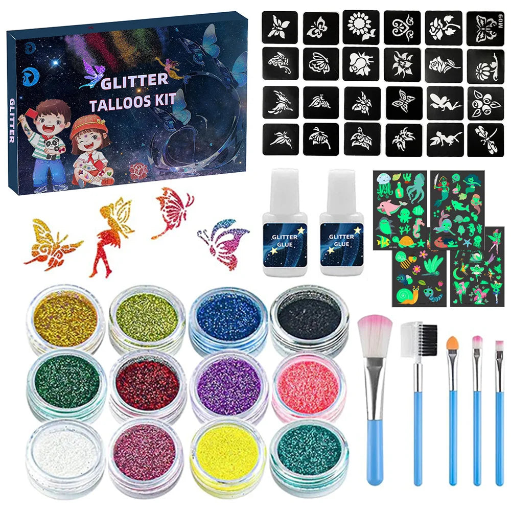 12 Color Temporary Glitter Tattoo Kit for Kid with 24 Stencils Adults Girls Boys Arts Glitter Make Up Kit Beautiful Holiday Gift