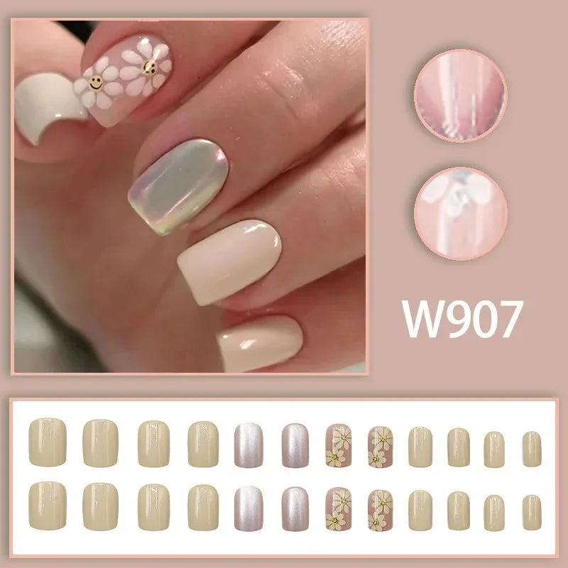 Black Ink Style Fake Nail with Jelly sticker Press on False Nails Wearable Round Head Oval Full Cover Nail Tips
