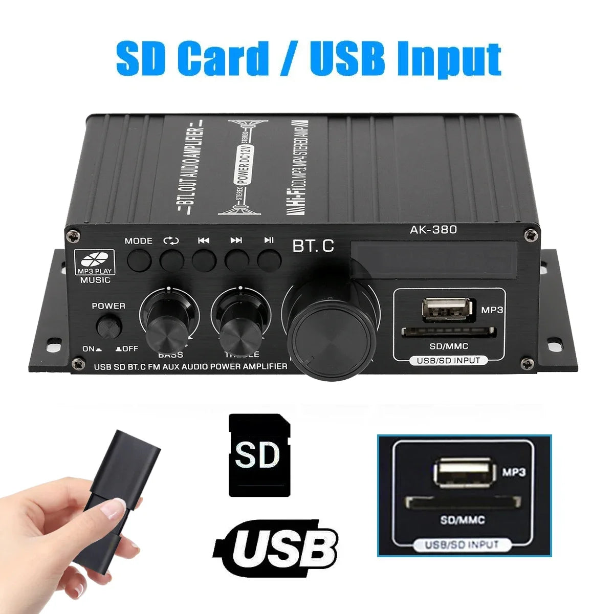 AK380 12V Bluetooth Power Amplifier Home Car Class D HiFi Amp Max 800W Stereo BASS Audio Amps Support FM MP3 Player USB SD input