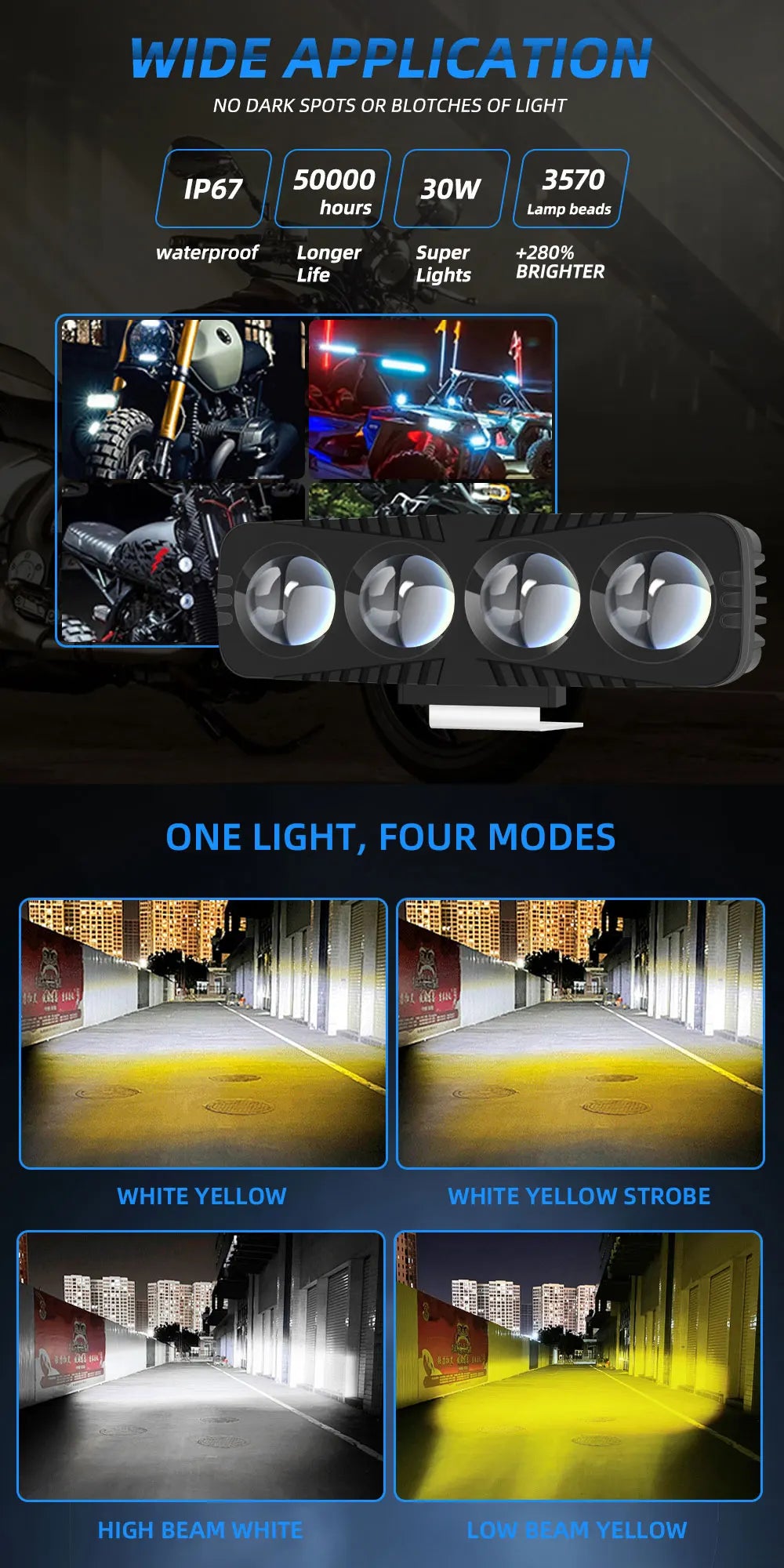 Motorcycle Headlight Additional Spotlights Dual Color 4 Lens Led Motorbike LED Fog Lamp Scooter SUV ATV Motorcycle Running Lamp