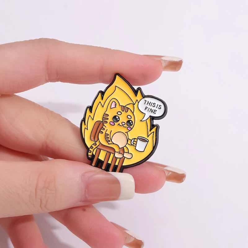 Flame Coffee Cat Enamel Pins Custom THIS IS FINE Brooches Lapel Badges Cartoon Animal Jewelry Gift for Friends