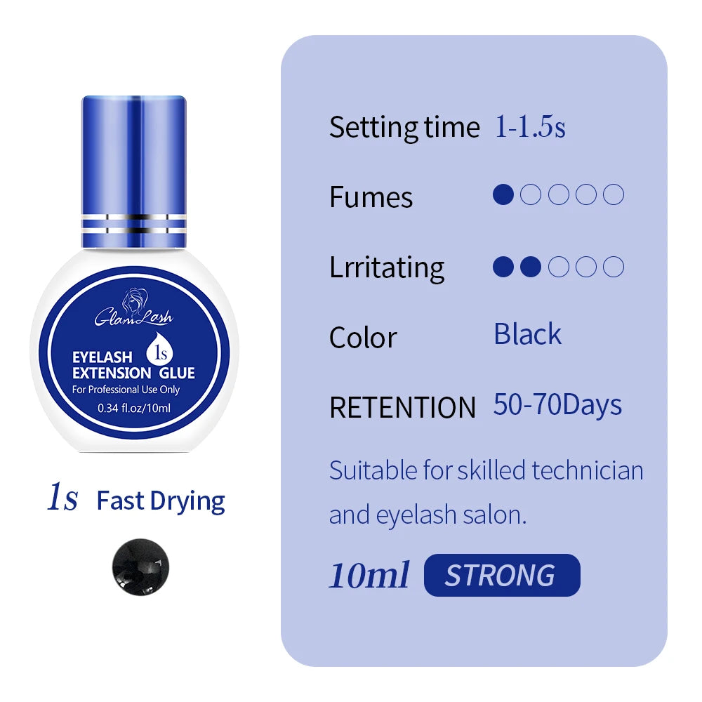 GLAMLASH 0.3-2 Sec Dry Eyelash Extension Glue Individual False Lashes Black Adhesive Kit for Professional Use