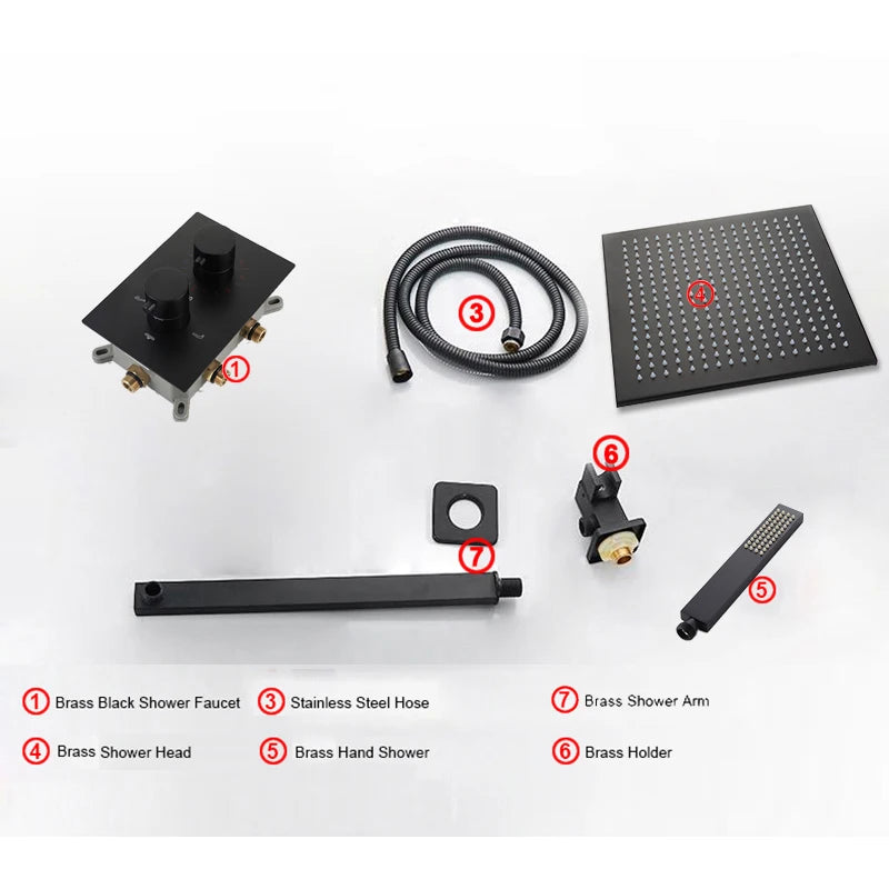 Matte Black Thermostatic Shower Faucet with Rainfall Head And Bathtub Spout Wall-Mounted Concealed Brass Shower  for Bathroom