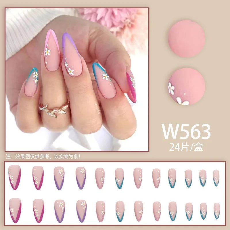 Mandarin Duck 24 Pcs Press on Nails Pink Gradient Fake Nails Glossy Artificial Finger Manicure Reusable False Nails