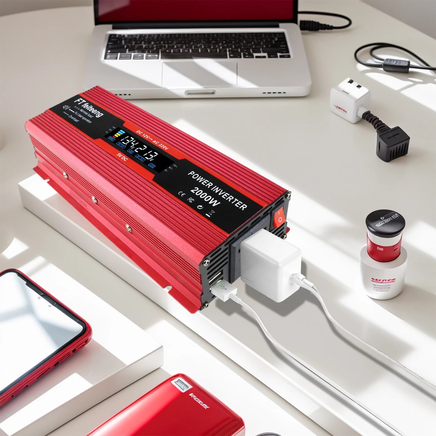 12V To 220V/230V 2000W Power Inverter LCD Display  Solar Inverter Dual USB Fast Charging for Phone Laptops Car