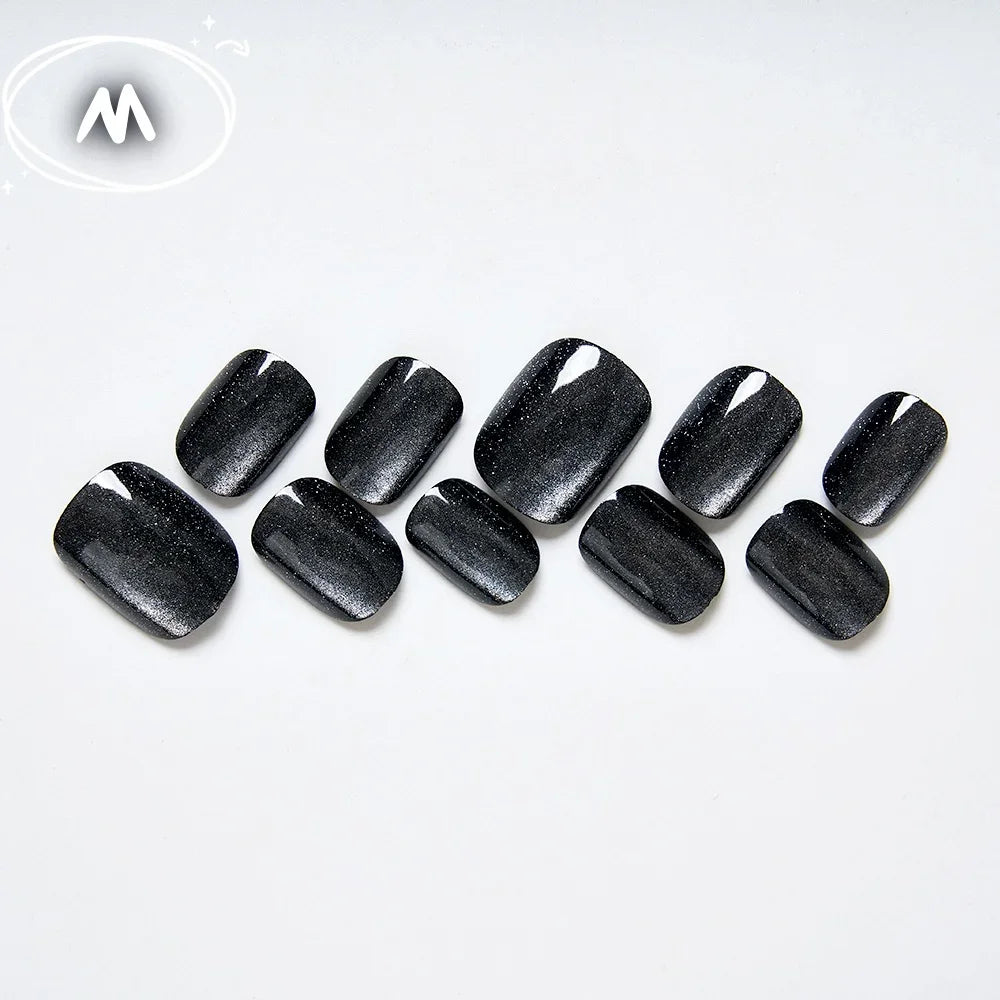 10Pcs Black Glitter Cat Eye Square Nails Set Press on Reusable Acrylic Fake Nails with Glue for Women/Girls Party Wear Nails Art