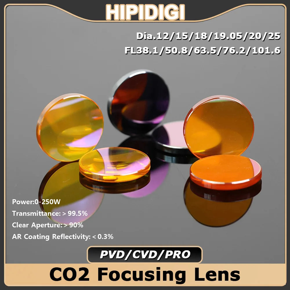 HIPIDIGI CO2 Focus Lens USA ZnSe CVD/PVD/PRO Dia.18 19.05 20mm FL38.1 50.8 63.5 for Laser Engraving Cutting Machine Consumables
